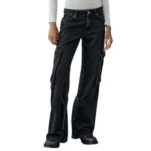 Zara Mid-Rise TRF Cargo Pants Denim Black Wide Leg Jeans Womens Size 4